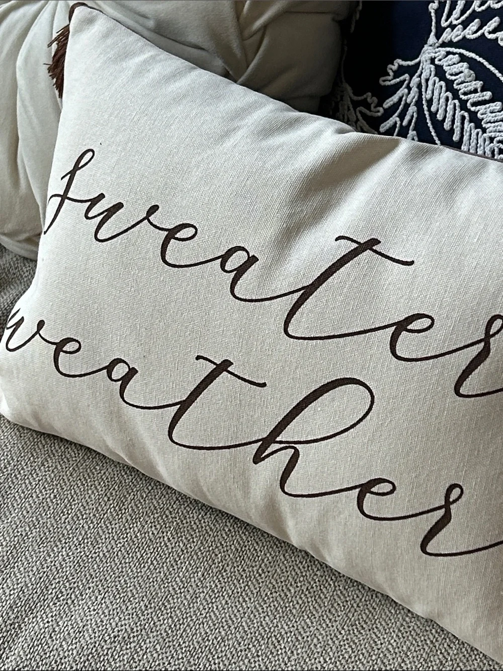 NEW! Fall Harvest Sweater Weather Cream Toss Pillow with Brown Script & Tassels